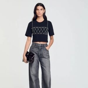 Sandro Rhinestone Bralette Cropped Boxy Cotton T-Shirt Black Size 3 Large
